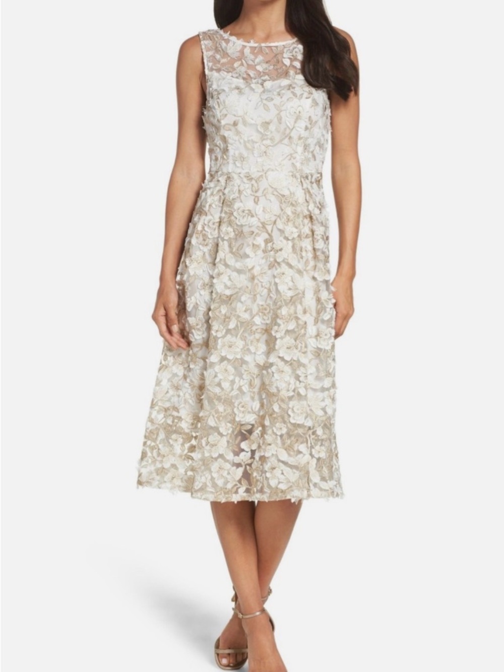 Adrianna Papell White and Gold Floral Lace Midi Dress